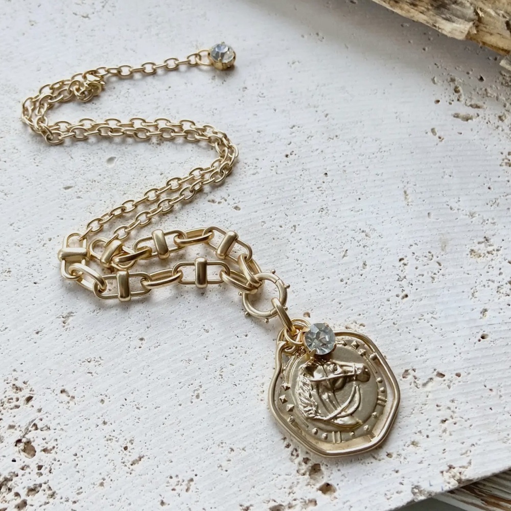 Gold Horse Pendant Necklace with Crystal Accent